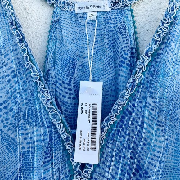 Poupette St Barth BETY Blue Wave 100% Silk Crinkle Print Dress - Picture 7 of 12